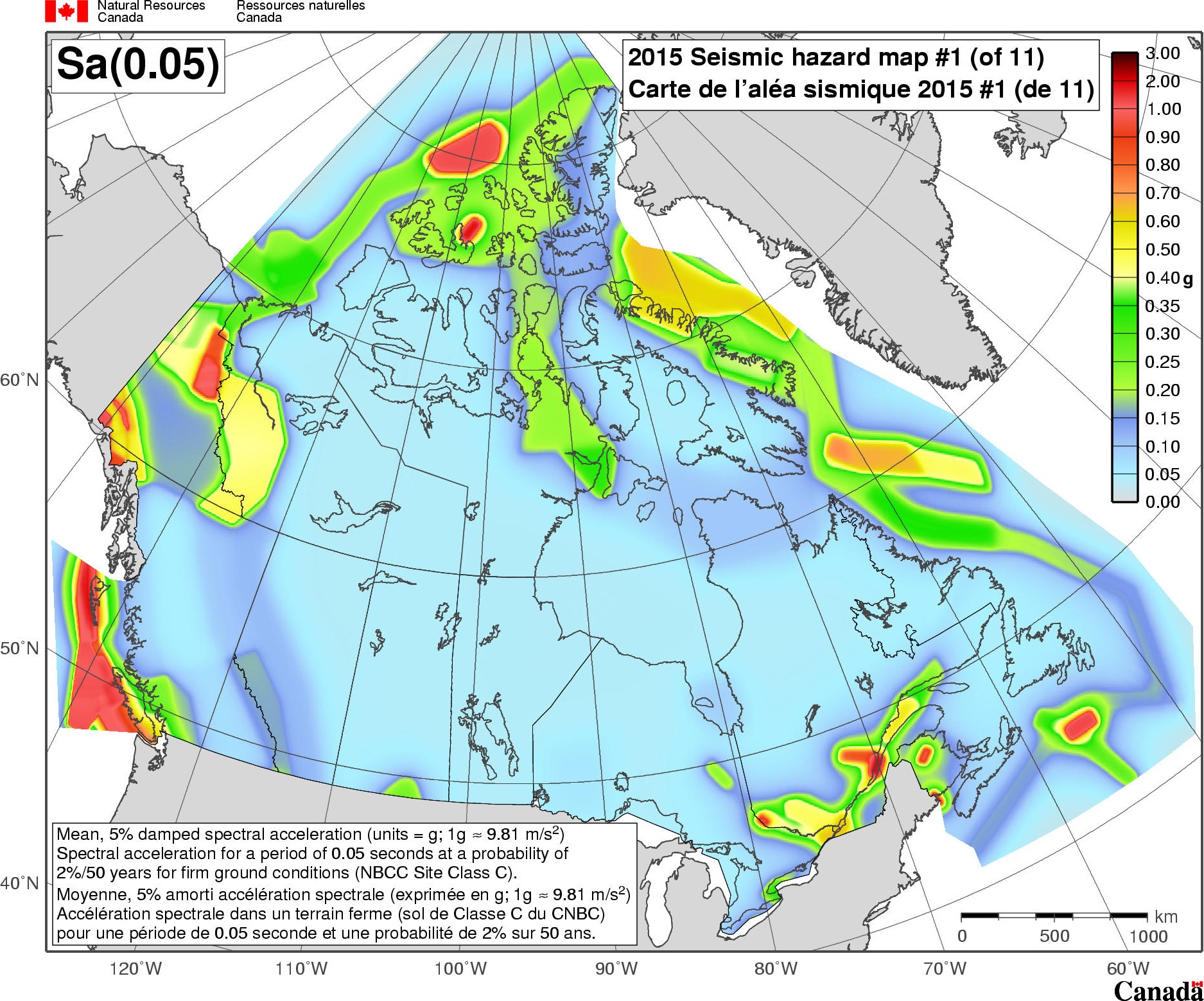 2015 NBCC seismic hazard map - Sa(0.05)