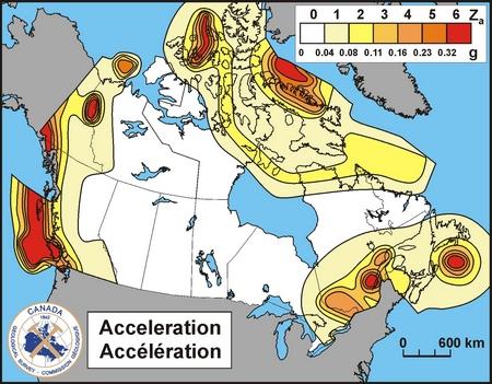 Carte de l'acc&eacute;l&eacute;ration horizontale maximale au Canada