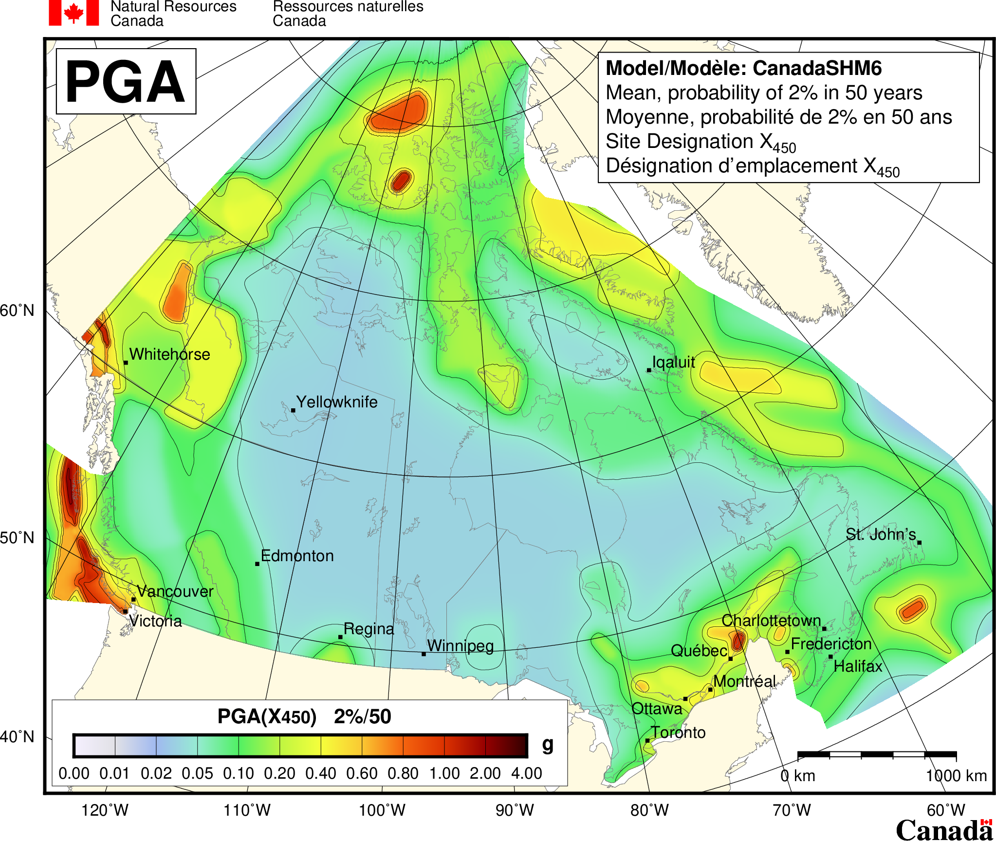 Carte de l'aléa sismique du CNBC 2020 - PGA