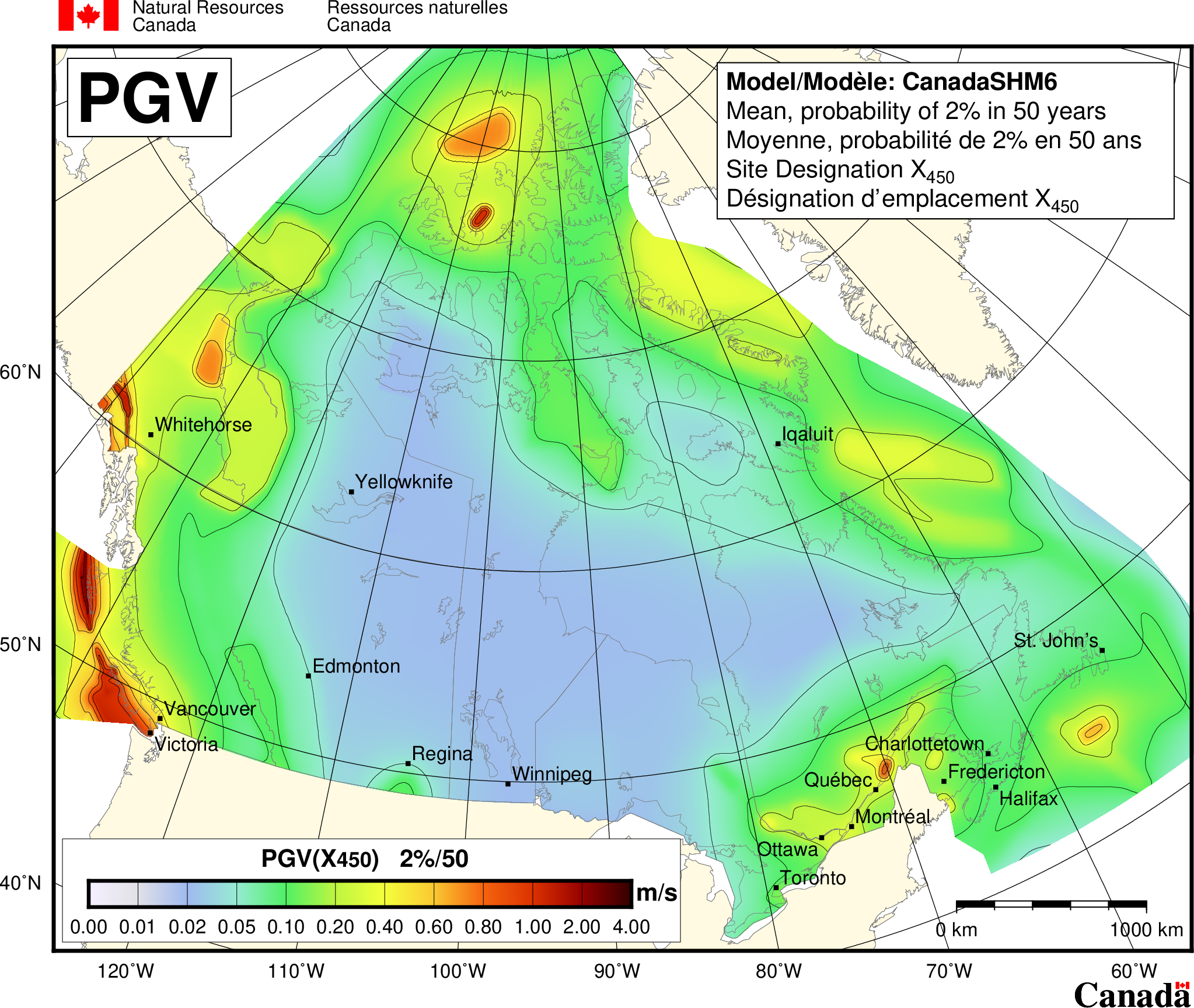 Carte de l'aléa sismique du CNBC 2020 - PGV