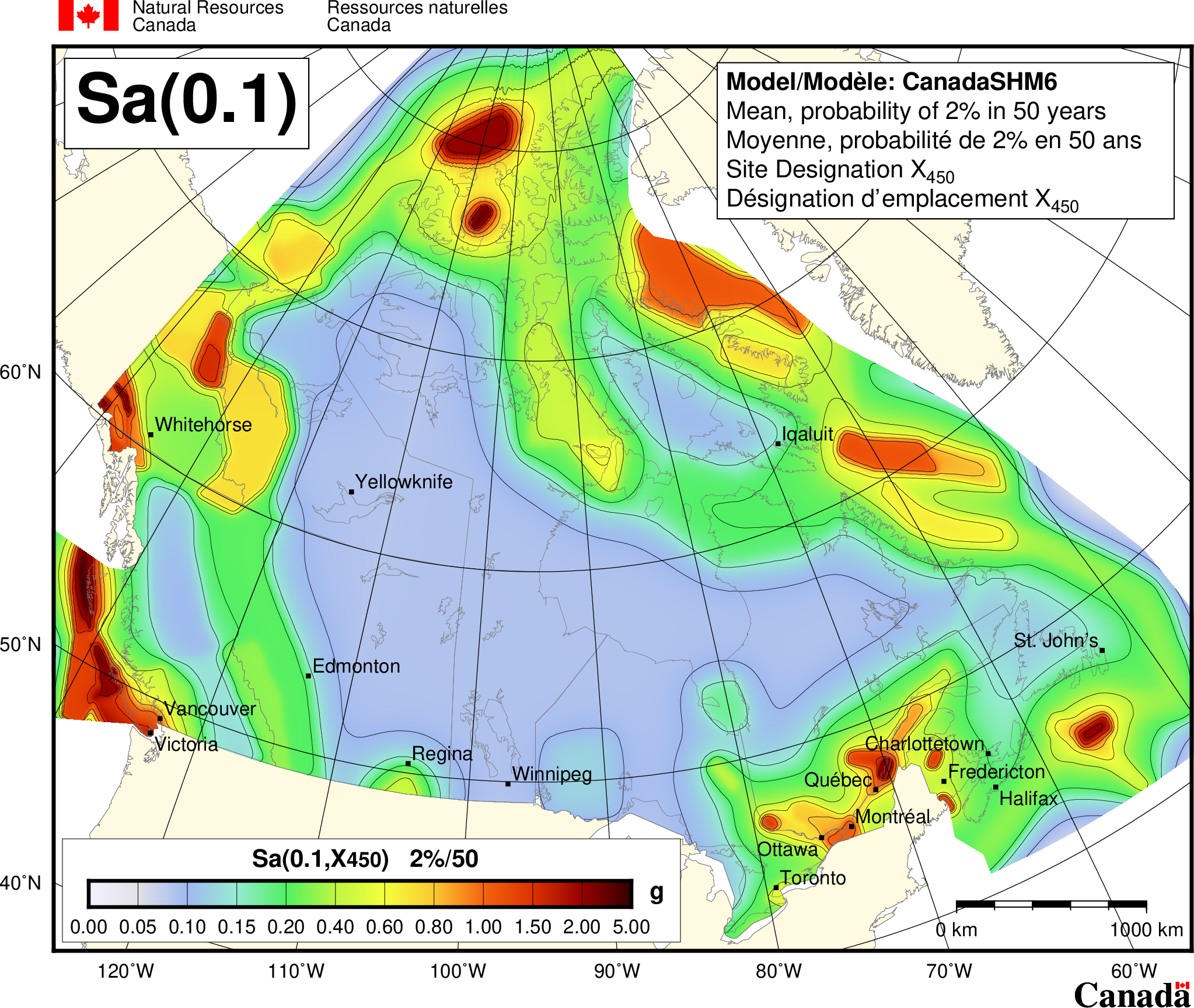 Carte de l'aléa sismique du CNBC 2020 - Sa(0.1)