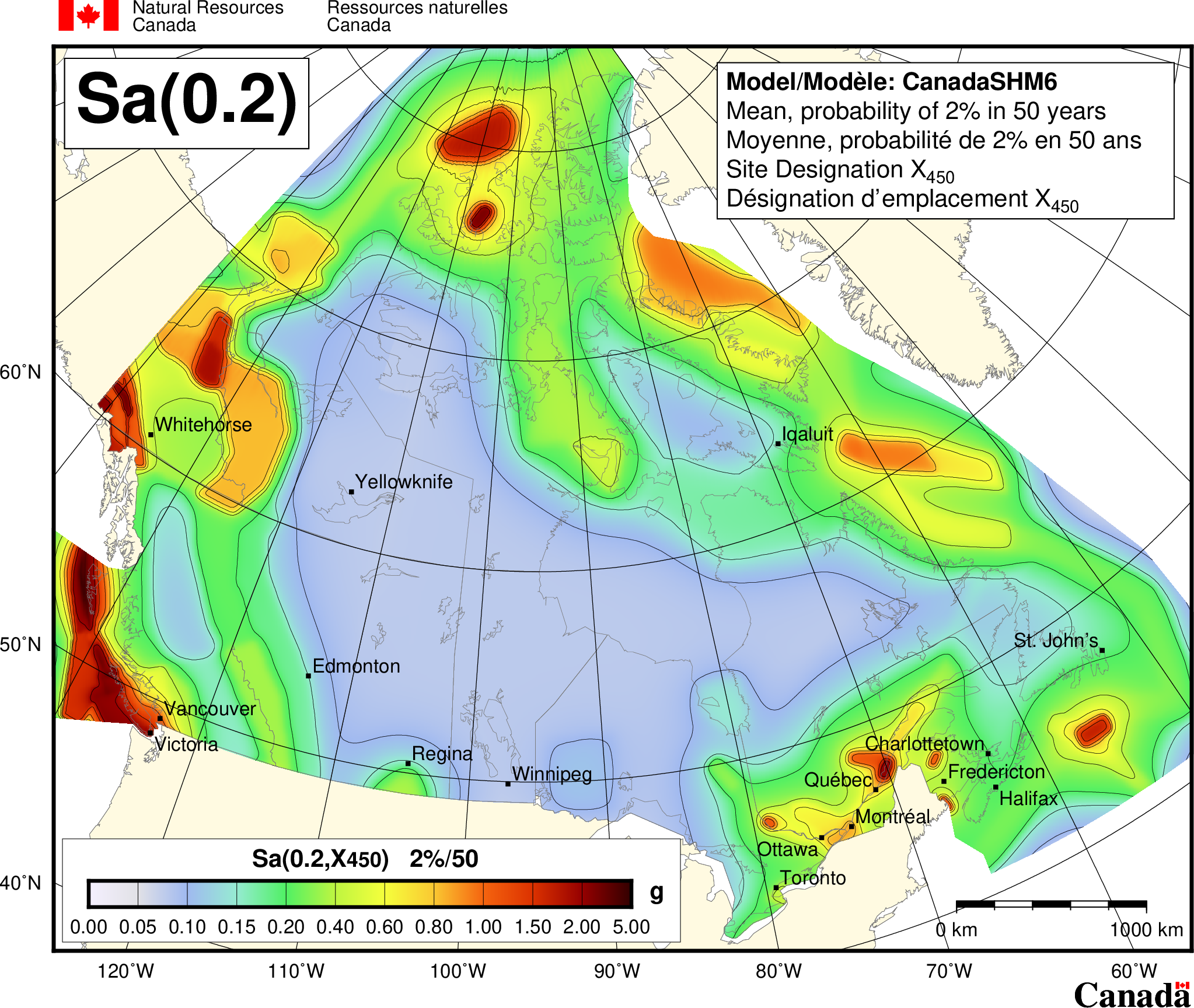 Carte de l'aléa sismique du CNBC 2020 - Sa(0.2)