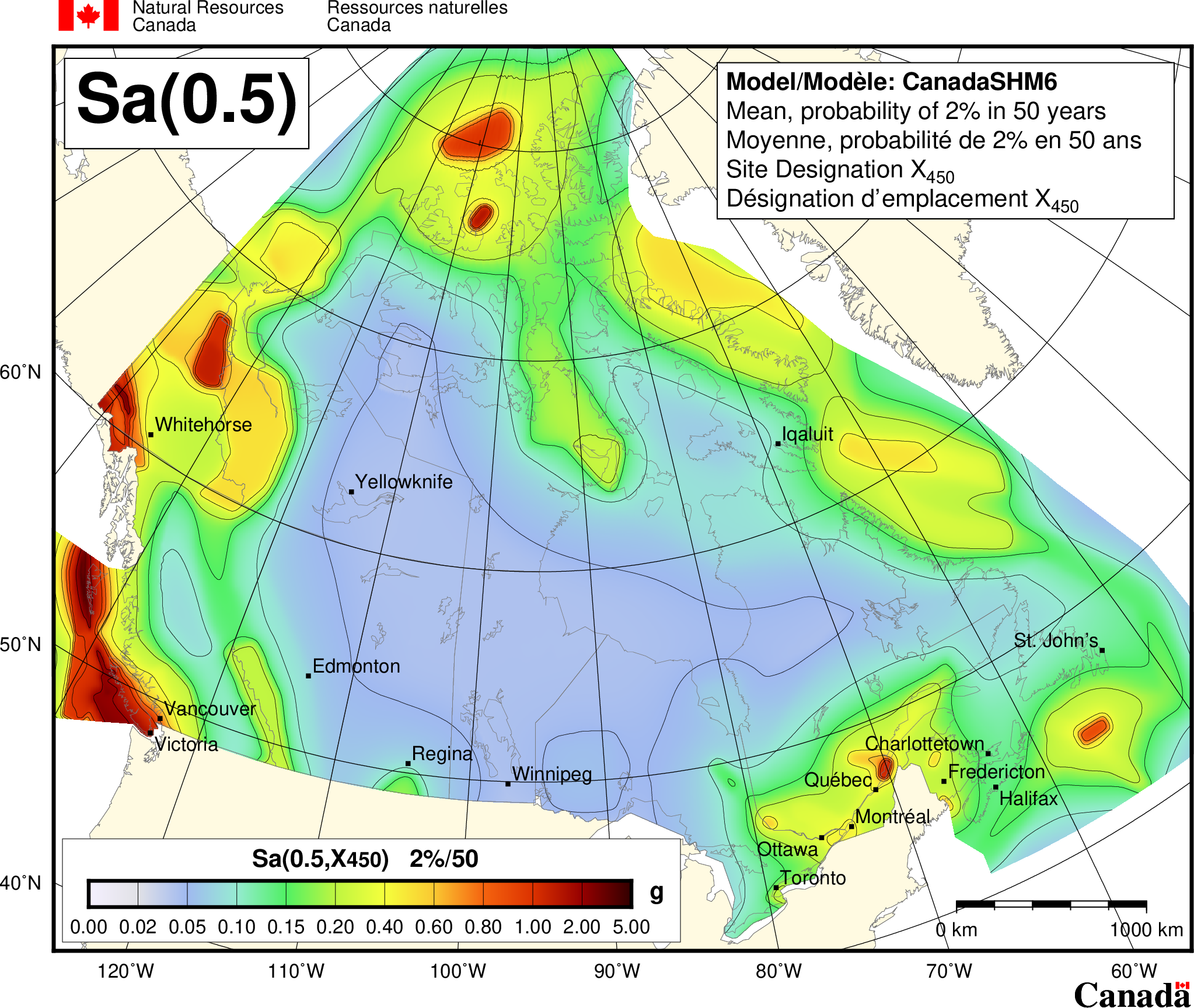 Carte de l'aléa sismique du CNBC 2020 - Sa(0.5)
