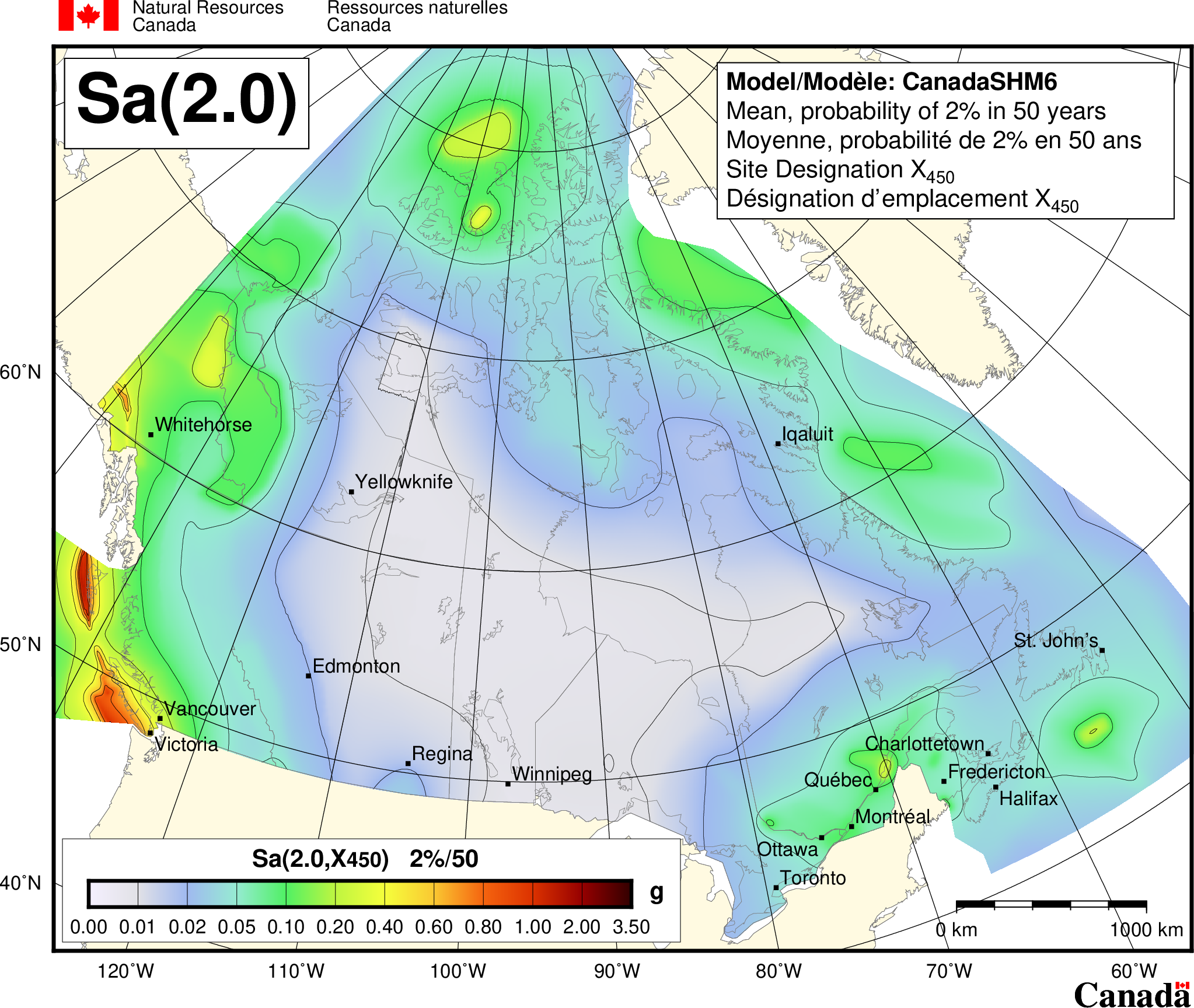 Carte de l'aléa sismique du CNBC 2020 - Sa(2.0)
