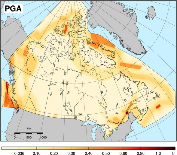 Carte de l'aléa sismique du CNBC 2010 - PGA