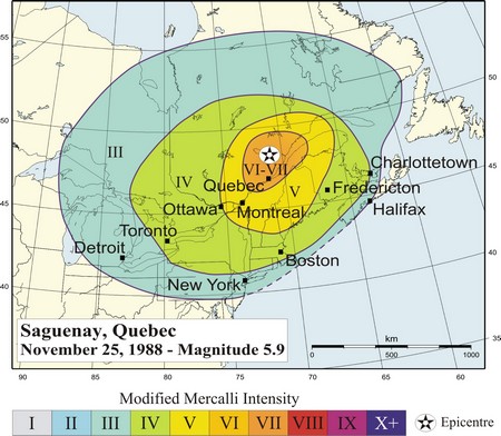 Isoseismal map of Saguenay earthquake