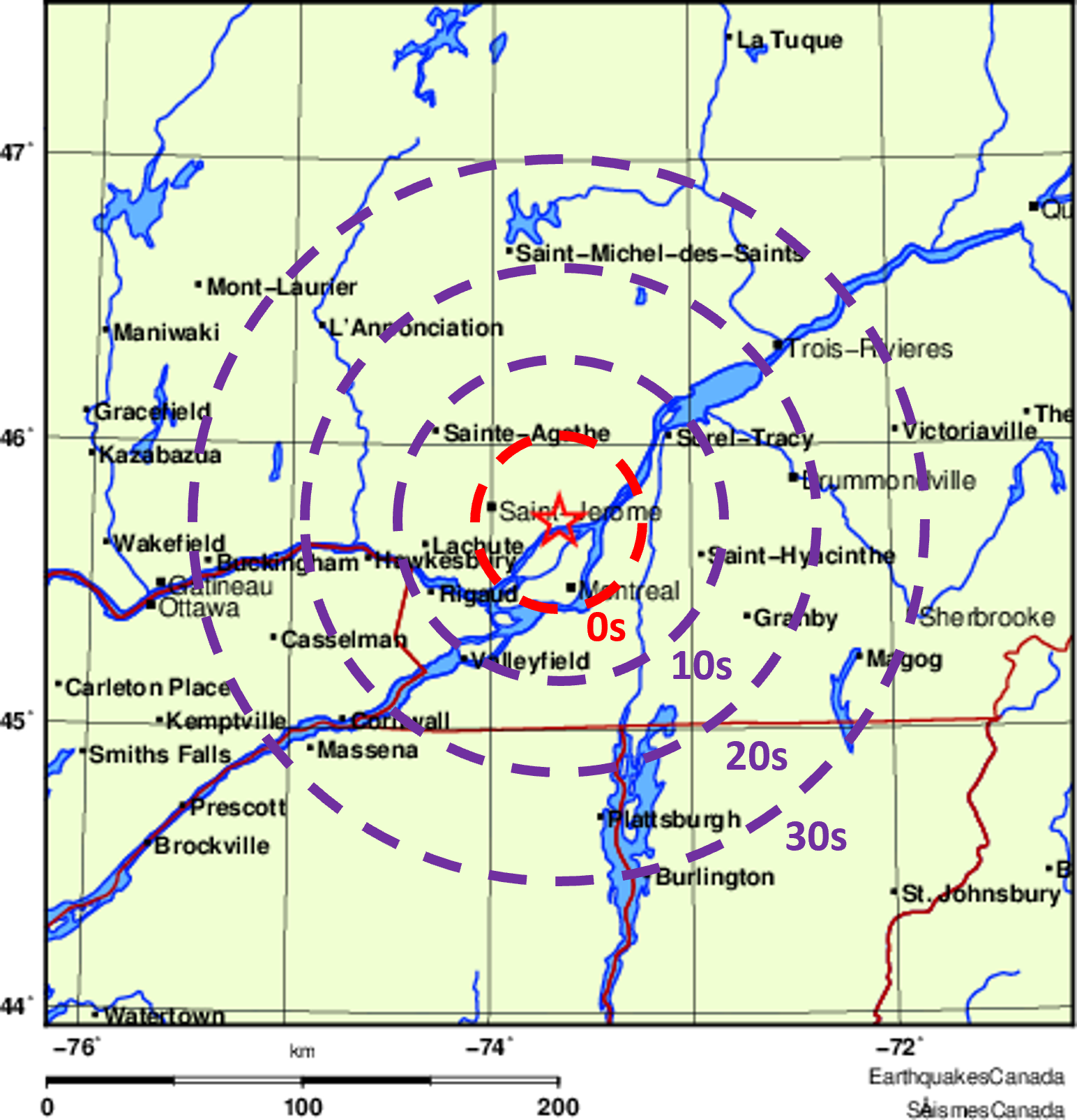 carte d'epicentre et des temps d'avertissement