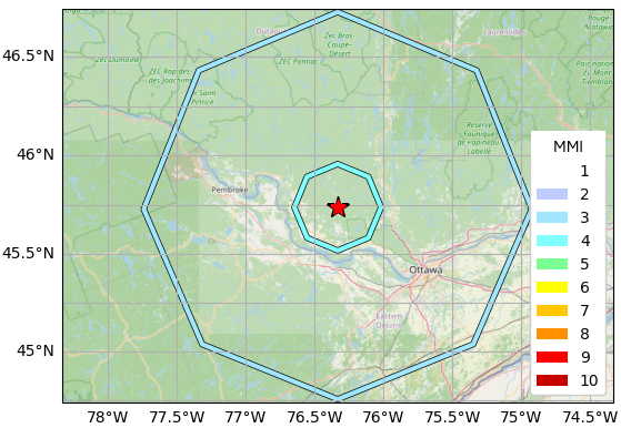 Shaking intensity contours approximated by the national Earthquake Early Warning system, with the larger, blue contour indicating shaking at intensity III, and the smaller, aqua contour indicating intensity IV. The red star shows the earthquake’s epicentre