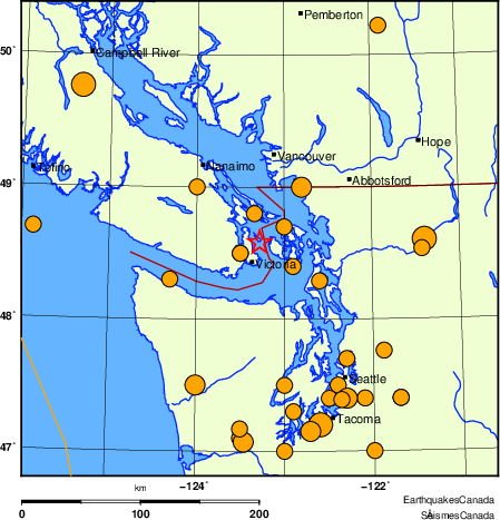 Map of historical earthquakes magnitude 5.0 and larger.  Details in the data table below