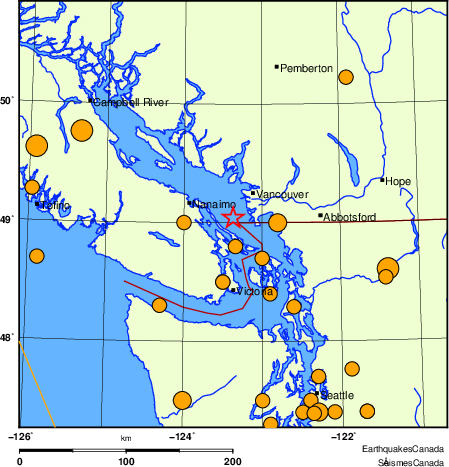 Map of historical earthquakes magnitude 5.0 and larger.  Details in the data table below