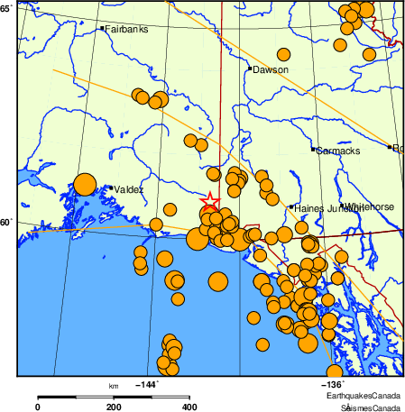 carte des séismes historiques de magnitude 5,0 et plus.  Détails dans le tableau de données ci-dessous