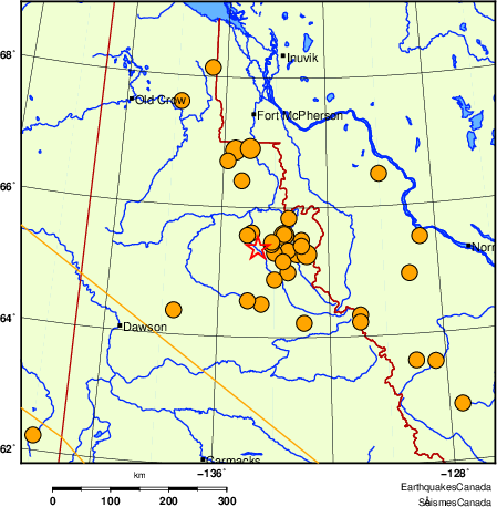 carte des séismes historiques de magnitude 5,0 et plus.  Détails dans le tableau de données ci-dessous