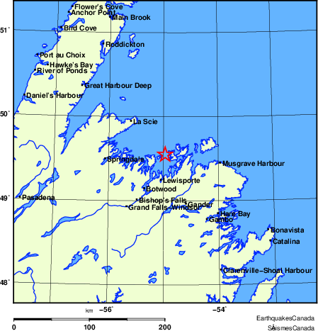 Map of historical earthquakes magnitude 5.0 and larger.  Details in the data table below